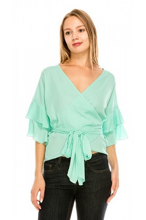 TIE FRONT RUFFLE SLV TOP